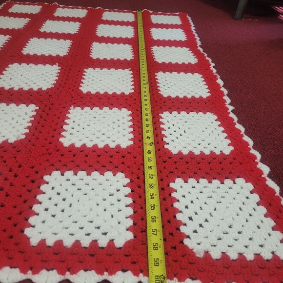 Crochet Lap Blanket Afghan Geometric Square Red White Throw Approx. 60in… - Picture 4 of 6